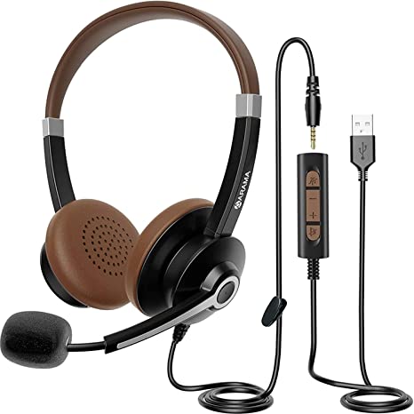 USB Headset with Microphone Noise Cancelling & in-line Call Controls, Ultra Comfort 3.5mm Wired Headset for Cell Phone, Computer Headset with Mute for PC Laptop Skype Webinar Home Office