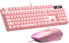 Load image into Gallery viewer, Pink Mechanical Gaming Keyboard and Mouse Combo Blue Switch 104 Keys White Backlit Keyboards, 7 Button Mouse Wired for Windows, Computer, Desktop, PC, Notebook, Laptop(Pink)
