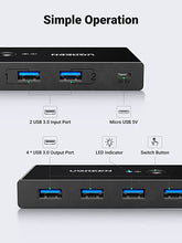 Load image into Gallery viewer, UGREEN USB 3.0 Switch Selector 4 Port 2 Computers Peripheral Switcher Adapter Hub for PC Printer Scanner Mouse Keyboard with One Button Switch and 2 Pack USB Male Cable
