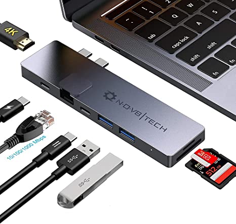NOV8Tech USB C Hub for M1 MacBook Pro M1 2021/2020/2019/2018/2017/2016 & MacBook Air 2021-2018, 8 in 2 Gray USB Adapter, HDMI & Gigabit Ethernet, 100W Thunderbolt 3, SD 4.0 & MicroSD Reader, 2X USB 3