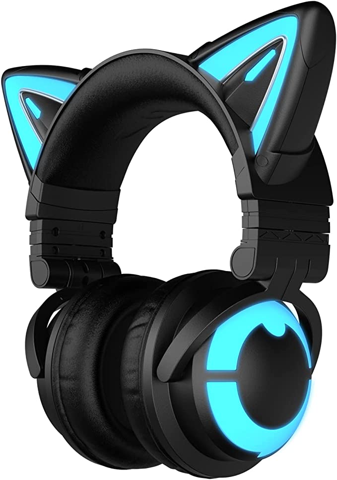 YOWU RGB Cat Ear Headphone 3G Wireless Bluetooth 5.0 Foldable Gaming Headset with 7.1 Surround Sound, Built-in Mic & Customizable Lighting and Effect via APP, Type-C Charging Audio Cable-Black