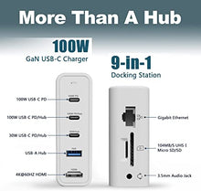 Load image into Gallery viewer, ADG 9-in-1 100W GaN Charger USB-C Docking Station, QC 3.0 PD USB-C Hub, Desktop Charging Station for MacBook/Pro/Air, Surface/Pro, Laptops(4 USB, 4K HDMI, Ethernet, Micro SD/SD, Audio&amp;Mic)
