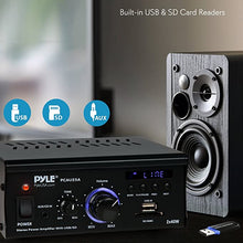 Load image into Gallery viewer, Home Audio Power Amplifier System - 2x40W Dual Channel Mini Theater Power Stereo Sound Receiver Box w/ USB, RCA, AUX, LED, Remote, 12V Adapter - For Speaker, iPhone, Studio Use - Pyle PCAU25A
