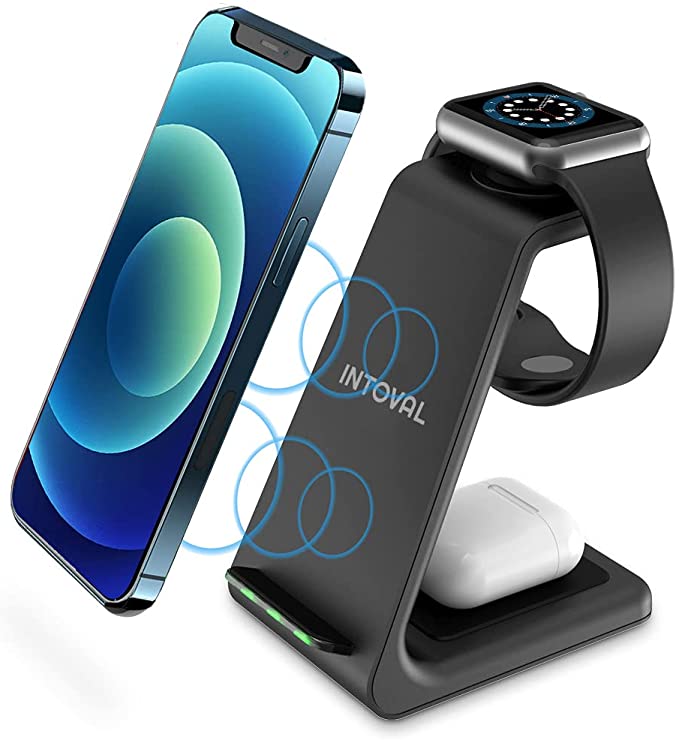Intoval Wireless Charging Station, 3 in 1 Charger for Apple iPhone/iWatch/Airpods,iPhone 13,12,11 (Pro, Pro Max)/XS/XR/XS/X/8(Plus),iWatch 7/6/SE/5/4/3/2,Airpods Pro/3gen (A3,Black)