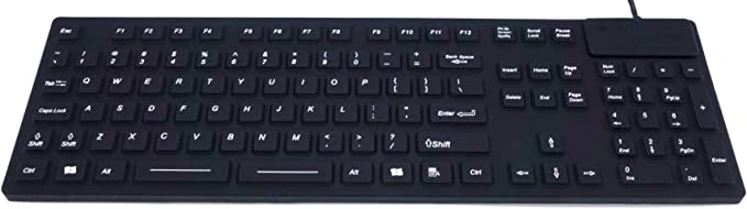 DSI LED Backlit Keyboard with Number Pad - Industrial IP68 Waterproof Rugged Silicone IKB106BL, Black