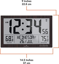 Load image into Gallery viewer, MARATHON Slim Jumbo Atomic Full Calendar Wall Clock with Indoor/Outdoor Temperature. Extra Large 4.5 Inch Digits. Comes with External Probe for Refrigerators (Wood Tone)

