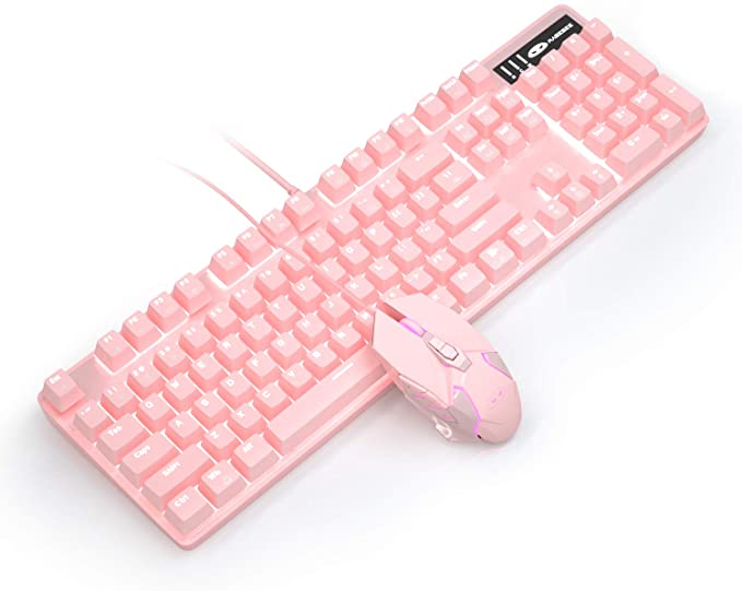 Pink Mechanical Gaming Keyboard and Mouse Combo Blue Switch 104 Keys White Backlit Keyboards, 7 Button Mouse Wired for Windows, Computer, Desktop, PC, Notebook, Laptop(Pink)