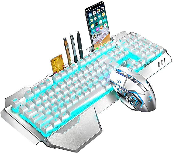 Wireless Keyboard and Mouse,Blue LED Backlit Rechargeable Keyboard Mouse with 3800mAh Battery Metal Panel,Removable Hand Rest Mechanical Feel Keyboard and 7 Color Gaming Mute Mouse for PC Gamers