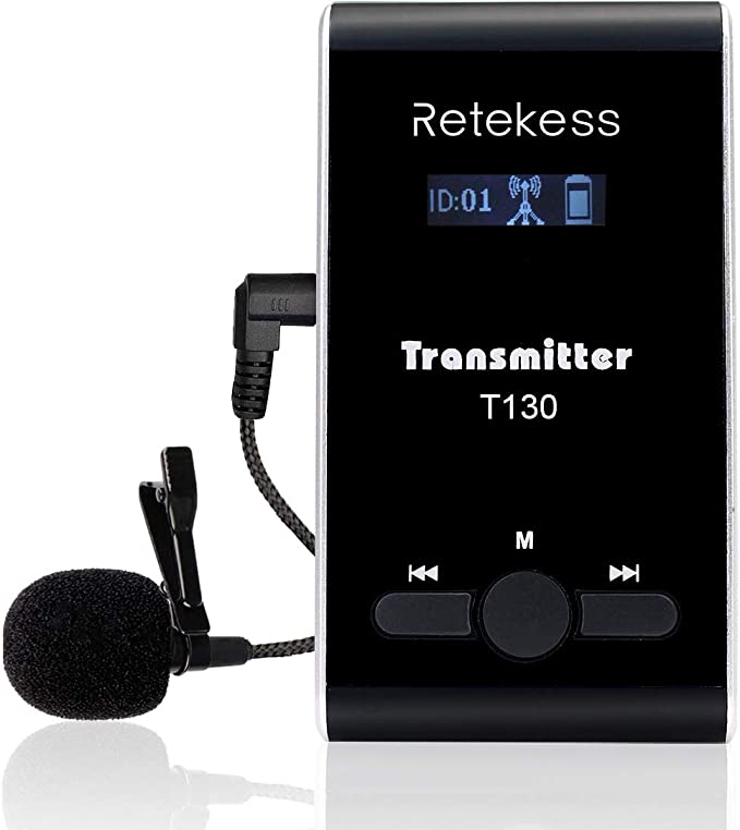 Retekess T130 Wireless Tour Guide Transmitter,Lavalier Microphone,99 Channel,Church Translation Transmitter for Interpretation Training Court