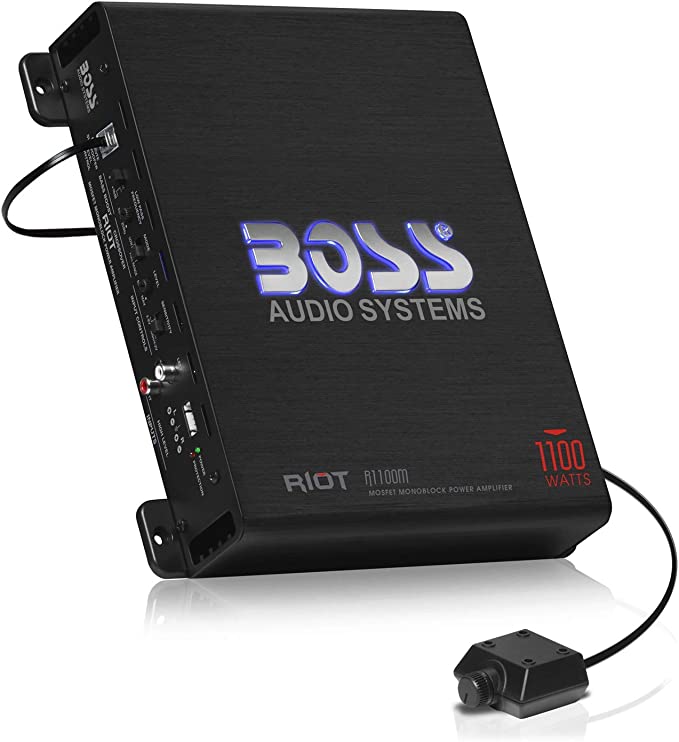 BOSS Audio Systems R1100M Riot Series Car Audio Subwoofer Amplifier - 1100 High Output, Monoblock, Class A/B, 2/4 Ohm Stable, Low/High Level Inputs, Low Pass Crossover, Mosfet Power Supply, Stereo