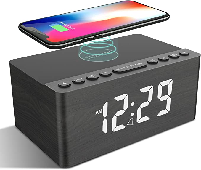 ANJANK Wooden Digital Alarm Clock FM Radio,10W Fast Wireless Charger Station for iPhone/Samsung Galaxy,5 Level Dimmer,USB Charging Port,2 Wake up Sounds,Bedrooms Sleep Timer,Wood LED Clock for Bedside