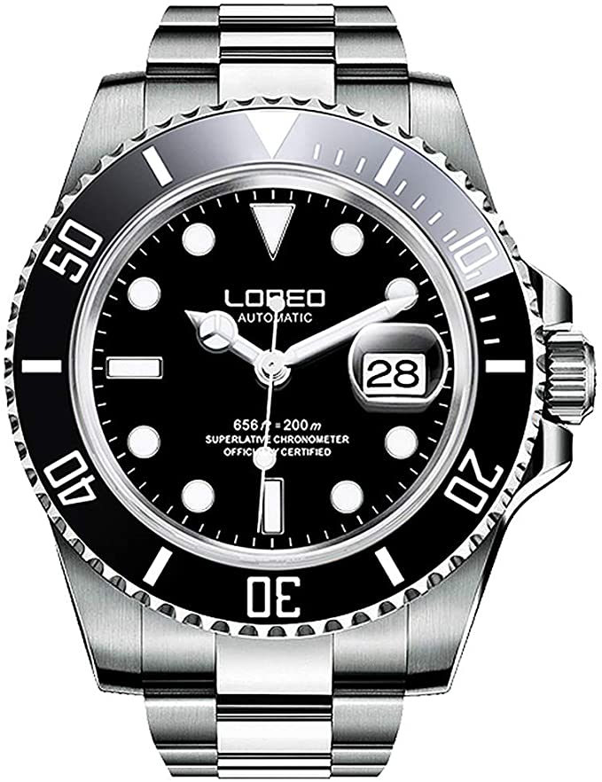 LOREO Mens Silver Stainless Steel Sapphire Glass Black Rotating Bezel Men's Automatic Watch