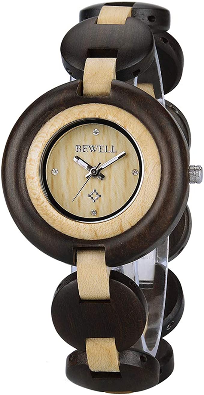 BEWELL Wood Watch Women Handmade Lightweight Analog Quartz Dress Wrist Watches with Wooden Bracelet