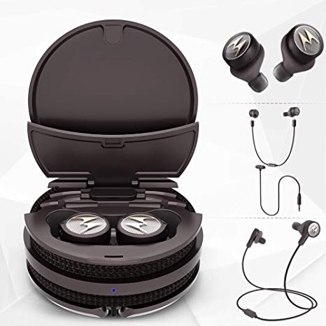 Motorola Tech3 3-in-1 Smart True Wireless Headphones - Cordless Earbuds, Sport Wire, Audio Plug-in - Sweatproof, Built-in Microphone, Charging Case with Cable Storage System - Mocha-Bronze