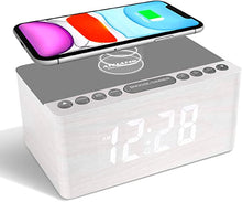 Load image into Gallery viewer, ANJANK Wooden Digital Alarm Clock FM Radio,10W Fast Wireless Charger Station for iPhone/Samsung Galaxy,5 Level Dimmer,USB Charging Port,2 Wake up Sounds,Bedrooms Sleep Timer,Wood LED Clock for Bedside
