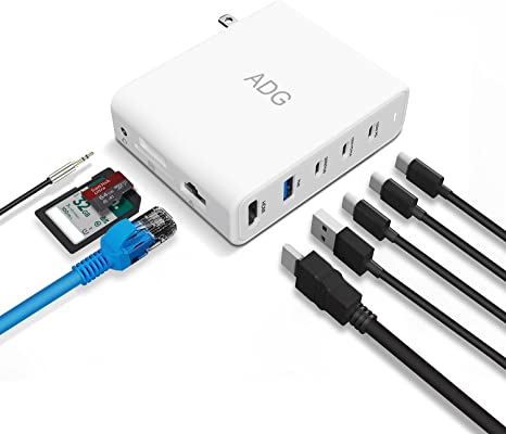 ADG 9-in-1 100W GaN Charger USB-C Docking Station, QC 3.0 PD USB-C Hub, Desktop Charging Station for MacBook/Pro/Air, Surface/Pro, Laptops(4 USB, 4K HDMI, Ethernet, Micro SD/SD, Audio&Mic)
