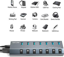 Load image into Gallery viewer, Powered USB Hub 3.0, WAVLINK 7 Port 48W Charging Slim USB 3.0 hub Powered, 5V/2.4A with Individual On/Off Switches LED Indicator, USB Extension for Laptop, MacBook, iMac, PC, USB Flash Drives
