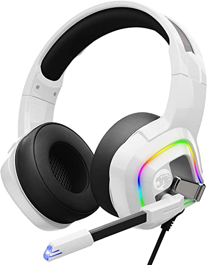 ZIUMIER Z66 White Gaming Headset with Microphone, Wired Over-Ear Headphone for PC PS4 PS5 Xbox One Controller, RGB LED Light, Bass Surround Sound