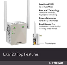 Load image into Gallery viewer, NETGEAR Wi-Fi Range Extender EX6120 - Coverage Up to 1500 Sq Ft and 25 Devices with AC1200 Dual Band Wireless Signal Booster &amp; Repeater (Up to 1200Mbps Speed), and Compact Wall Plug Design

