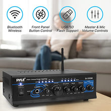 Load image into Gallery viewer, Home Audio Power Amplifier System - 2X120W Mini Dual Channel Mixer Sound Stereo Receiver Box w/ RCA, AUX, Mic Input - For Amplified Speakers, PA, CD Player, Theater, Studio Use - Pyle PTA4 Black
