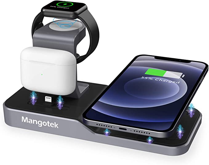 Mangotek Apple Watch Stand Desk Wireless Charger for iPhone and iWatch 4 in 1 Charging Station with Lightning Connector and USB Port for iPhone 12 Mini 12 Pro Max/11 and iWatch Serie SE/6/5/4/3/2/1