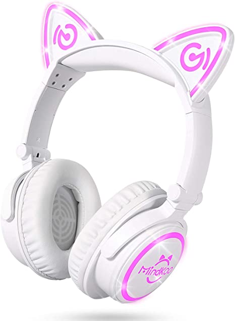 MindKoo Bluetooth Headphones, Over-Ear Wireless Headphones, Cat Ear Headphones with 7 Colors LED Light, Foldable, Built-in Microphone and Volume Control for PC/Cell Phones/Kids/Teen/Boys/Girls/Adults