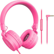 Load image into Gallery viewer, PuroBasic Volume Limiting Wired Headphones for Kids, Boys, Girls 2+ Foldable &amp; Adjustable Headband w/Built-in Microphone, Compatible with iPad, iPhone, Android, PC &amp; Mac – by Puro Sound Labs, Pink
