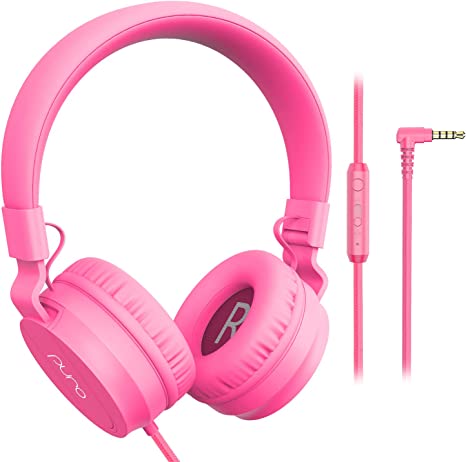 PuroBasic Volume Limiting Wired Headphones for Kids, Boys, Girls 2+ Foldable & Adjustable Headband w/Built-in Microphone, Compatible with iPad, iPhone, Android, PC & Mac – by Puro Sound Labs, Pink