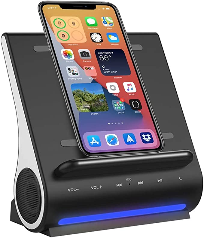 Fast Charging Wireless Charger, Bluetooth Premium Speakers, Docking Station with Built in Mic Handsfree Call, 4 in 1 Station for iPhone 13/12/11/X/8 and Samsung Phone