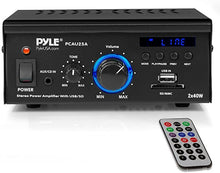 Load image into Gallery viewer, Home Audio Power Amplifier System - 2x40W Dual Channel Mini Theater Power Stereo Sound Receiver Box w/ USB, RCA, AUX, LED, Remote, 12V Adapter - For Speaker, iPhone, Studio Use - Pyle PCAU25A
