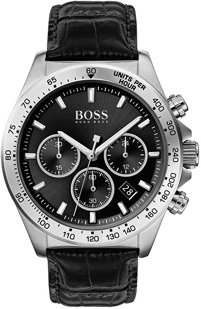 BOSS Black Men's Stainless Steel Quartz Watch with Leather Strap, Black, 22 (Model: 1513752)