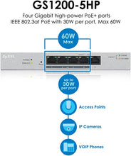 Load image into Gallery viewer, Zyxel 5-Port Gigabit Ethernet Web Managed PoE Switch with 60 Watt Budget [GS1200-5HP]
