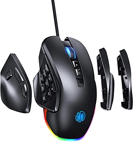 RBG Wired Gaming Mouse INPHIC PG9, 8/14 Programmable Button With 4 Replaceable Side Plates, Brilliant RGB Backlight, Max 10K DPI with 6 Adjustable Level, Ergonomic MMO Gaming Mouse for PC Gaming-Black
