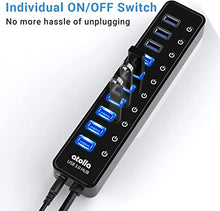 Load image into Gallery viewer, Powered USB 3.0 Hub, atolla 10 Ports USB Data Hub Splitter with Individual ON/Off Switches and 12V/2.5A Power Adapter USB Extension for Mouse, Keyboard, Hard Drive or More USB Devices
