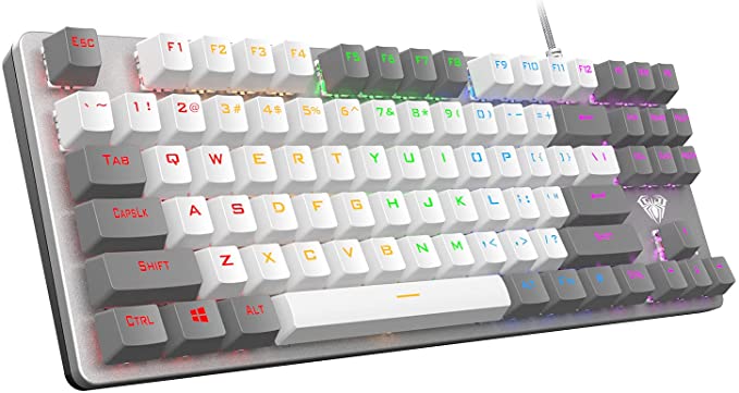 AULA F3287 Wired TKL Rainbow Mechanical Gaming Keyboard, 80% Compact Tenkeyless 87 Keys Layout w/Tactile Blue Switches, White & Grey Mixed-Color Keycaps, Programmable Macro Keys