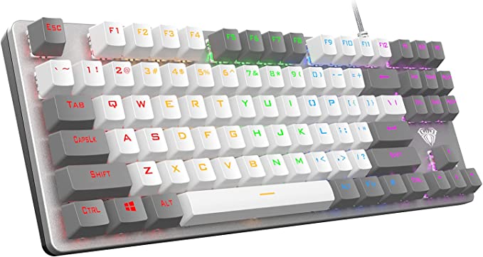 AULA F3287 Wired TKL Rainbow Mechanical Gaming Keyboard, 80% Compact Tenkeyless 87 Keys Layout w/Linear Red Switches, White & Grey Mixed-Color Keycaps, Programmable Macro Keys