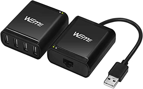 WEme USB Extender, 4-Port USB 2.0 Ethernet Extender Hub Over Cat5/ Cat5e/ Cat6 Cable Connection up to 60Meters/196FT, RJ45 Lan Extension with Power Adapter for Logitech Webcam, Camera, Speakerphone