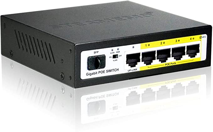 STEAMEMO 5 Port Gigabit Ethernet Unmanaged PoE Switch, 4 Gigabit PoE+ @52W Built-in Power, 1 Uplink Gigabit Port + 1 SFP Slot, VLAN Mode, 802.3af/at, Desktop/Wall-Mount, Plug & Play