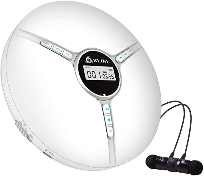 KLIM Discman - Portable CD Player with Built-in Battery, Includes KLIM Fusion Earphones. Compact Mini CD Players, Personal, Compatible with CD-R, CD-RW, and MP3. CD Walkman. [2022 New] - White