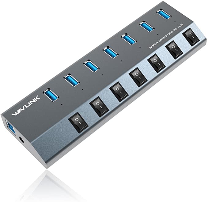 Powered USB Hub 3.0, WAVLINK 7 Port 48W Charging Slim USB 3.0 hub Powered, 5V/2.4A with Individual On/Off Switches LED Indicator, USB Extension for Laptop, MacBook, iMac, PC, USB Flash Drives