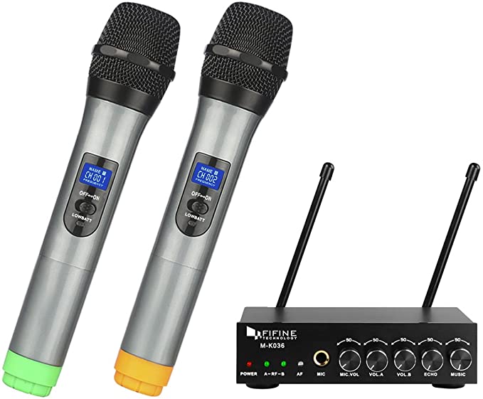 Fifine UHF Dual Channel Wireless Handheld Microphone, Easy-to-use Karaoke Wireless Microphone System-K036