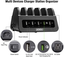 Load image into Gallery viewer, UDOLI 5 USB Ports Charging Station Organizer for Multiple Devices Fast Charging Desktop Stand for Apple Android Phone Tablet 1600W 2 AC Power Outlets Charger Dock for Home Office 3 Prong Cord Black
