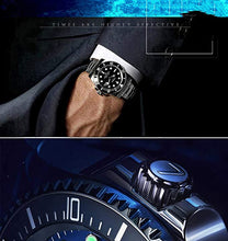 Load image into Gallery viewer, LOREO Mens Silver Stainless Steel Sapphire Glass Black Rotating Bezel Men&#39;s Automatic Watch
