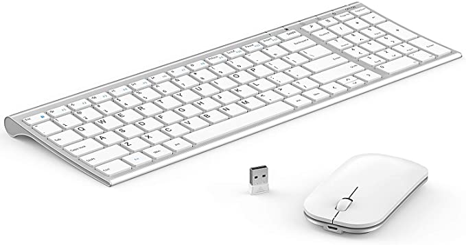 Wireless Keyboard Mouse, Seenda Ultra Thin Small Rechargeable Keyboard and Mouse Set with Number Pad, Aluminum Wireless Keyboard for Windows Laptop Computer, Silver White