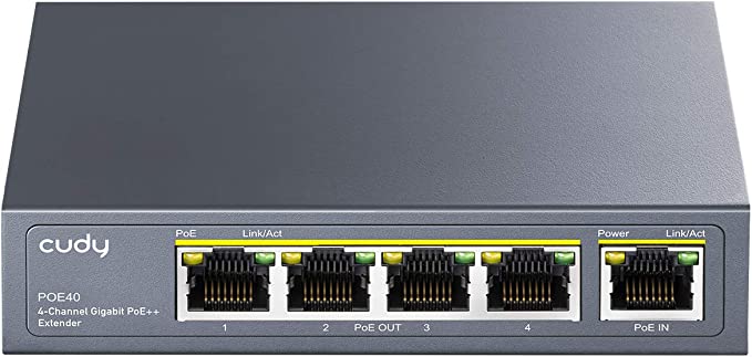 Cudy 4 Port Gigabit PoE Extender, 10/100/1000Mbps, 4 Channel PoE Repeater, PoE Amplifier, PoE Booster, Wall-Mount, Comply with IEEE 802.3bt, 802.3at, 802.3af, Not Support Passive PoE, Plug and Play