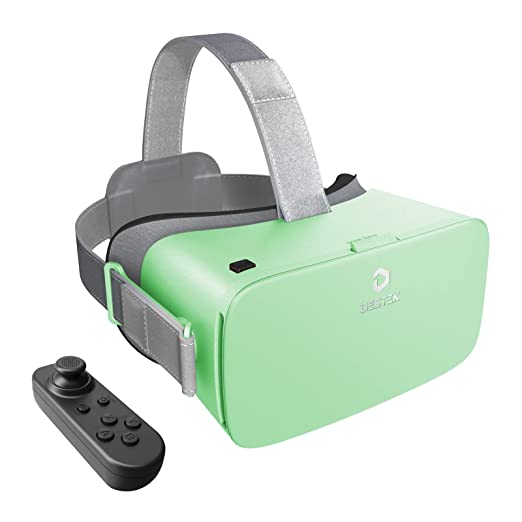 DESTEK V5 VR Headset,110°FOV Anti-Blue Light Eye Protected Virtual Reality Headset for iPhone 12/11/X/XR, w/Bluetooth Controller for Samsung A71/A50/S20 FE/S10, Phones w/4.7-6.8in Screen (Green)
