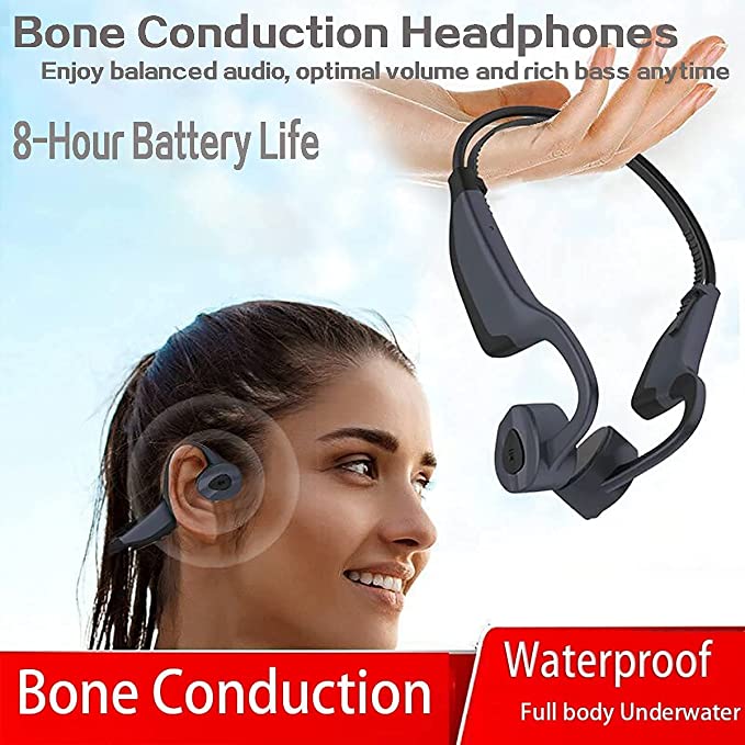 IKXO Waterproof Bone Conduction Headphones for Swimming, MP3 Player Wireless Sport Earphones IPX8 Open-Ear Built-in 8GB Flash Memory for Running, Divi