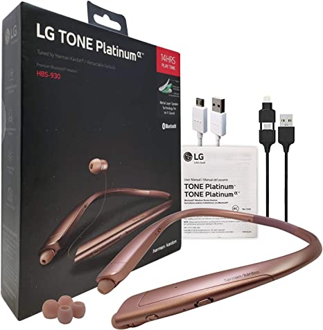 LG Tone Platinum Alpha HBS-930 HD Bluetooth Headset Gold - Harman Kardon with 2in1 USB Lighting & Micro (Retail Packing Kit)