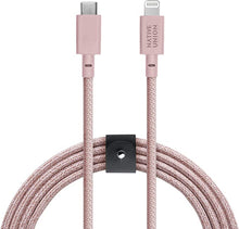 Load image into Gallery viewer, Native Union Belt Cable XL - 10ft Ultra-Strong Reinforced Durable USB-C to Lightning [MFi Certified] Charging Cable with Leather Strap Compatible with iPhone/iPad (Rose)
