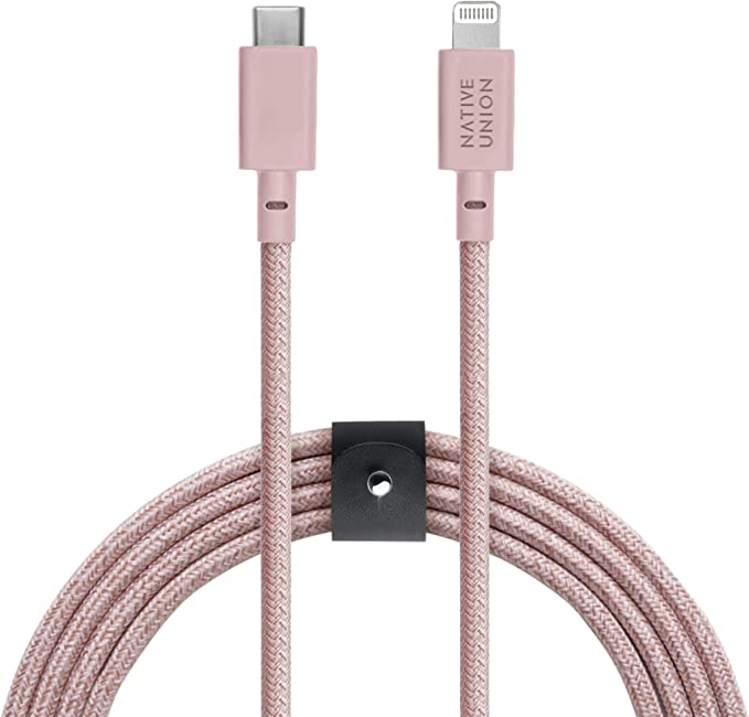 Native Union Belt Cable XL - 10ft Ultra-Strong Reinforced Durable USB-C to Lightning [MFi Certified] Charging Cable with Leather Strap Compatible with iPhone/iPad (Rose)
